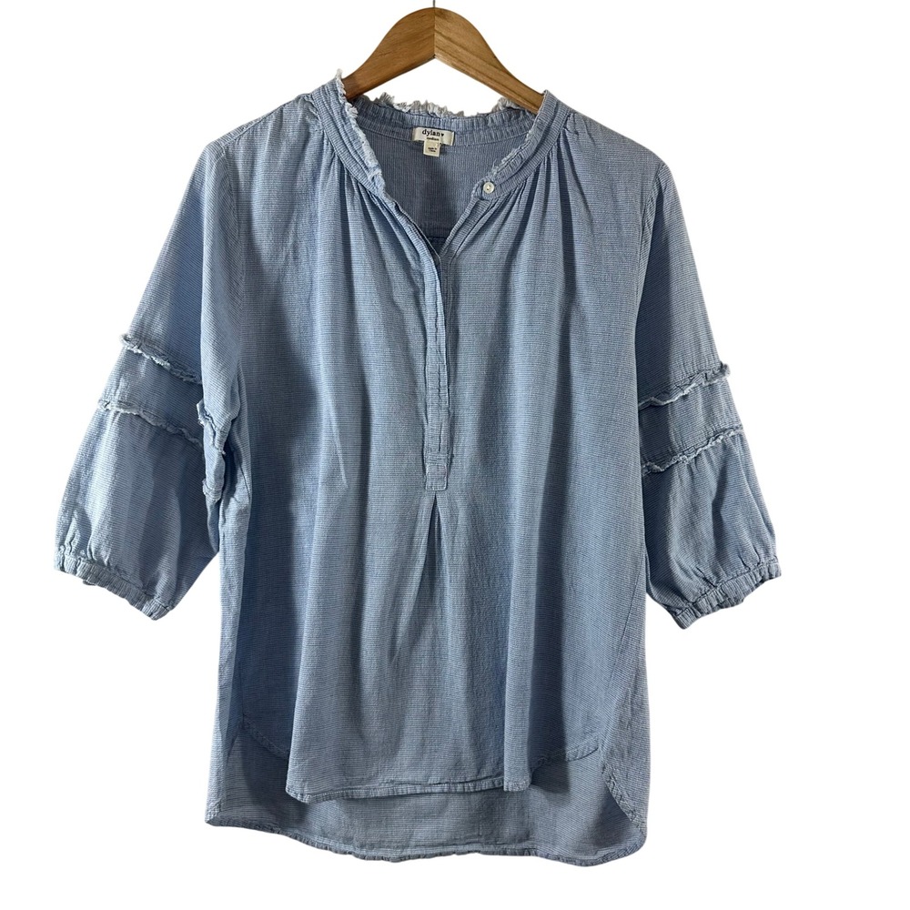 Dylan Womens Blue White Striped Henley Blouse Raw Edge Ruffle 3/4 Sleeve Medium